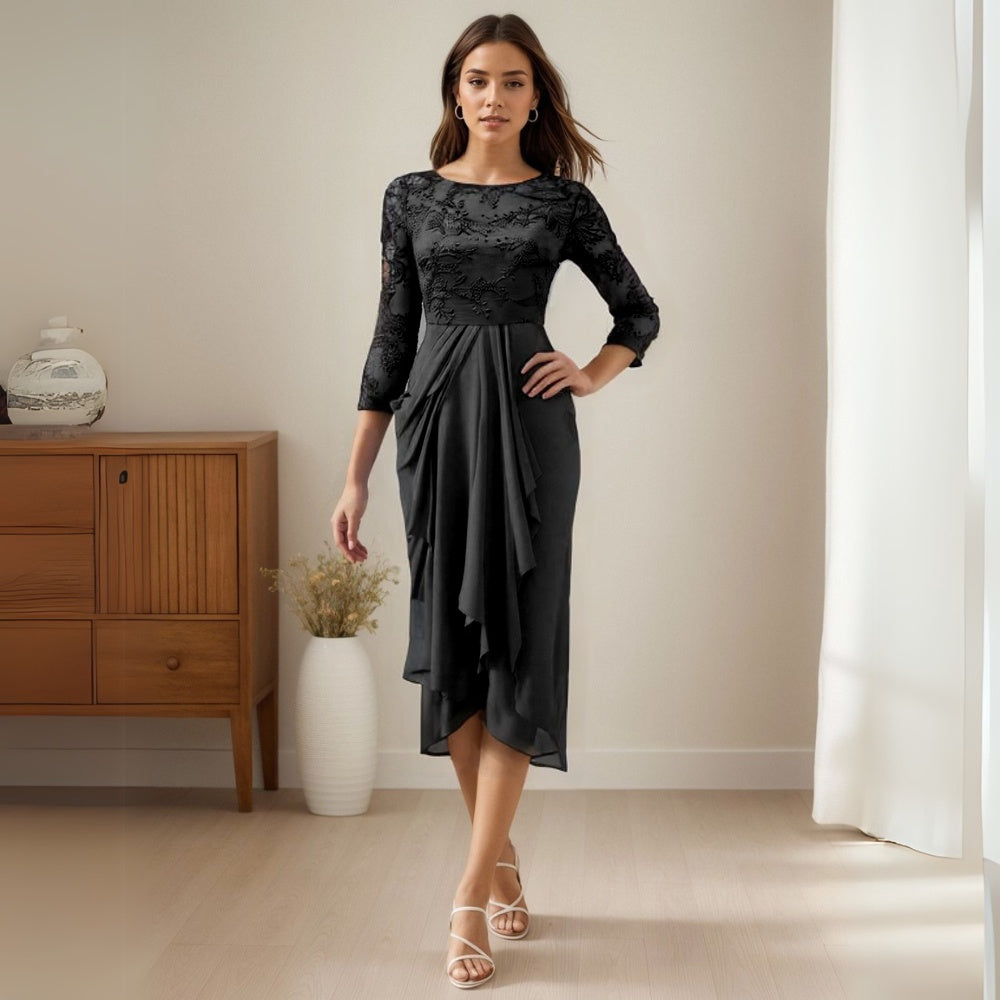 Half Sleeve Chiffon Lace Midi Party Dress