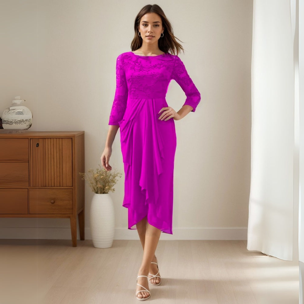 Half Sleeve Chiffon Lace Midi Party Dress