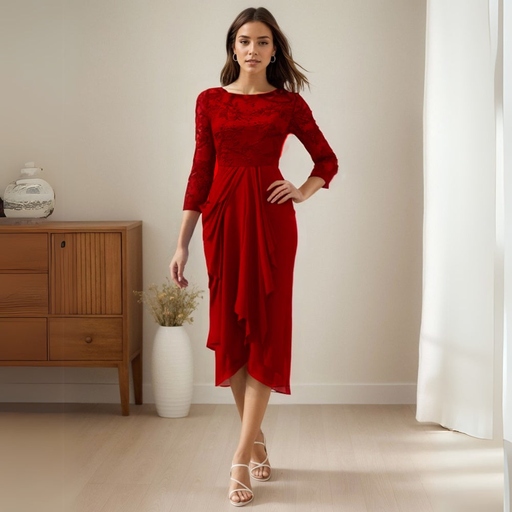 Half Sleeve Chiffon Lace Midi Party Dress