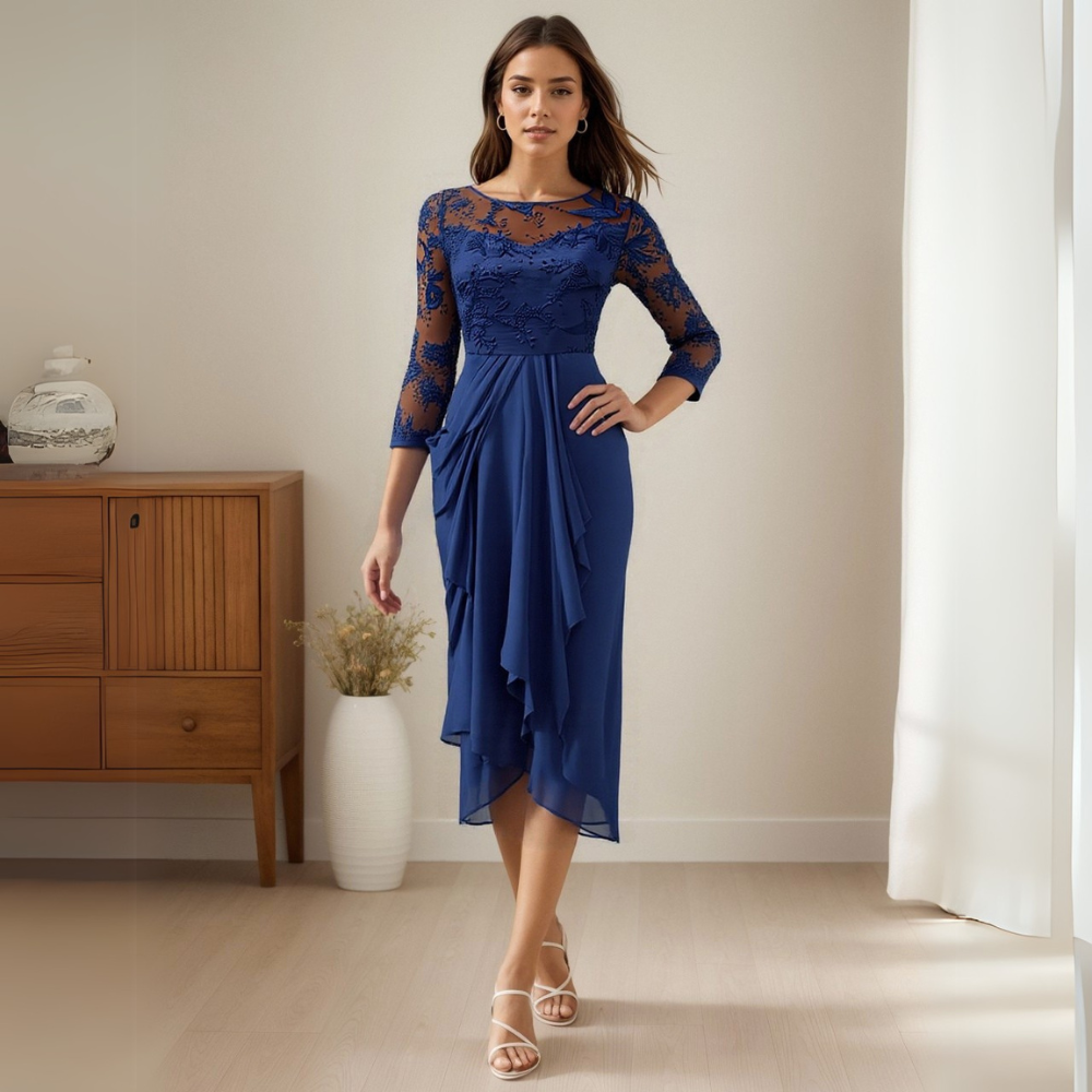 Half Sleeve Chiffon Lace Midi Party Dress