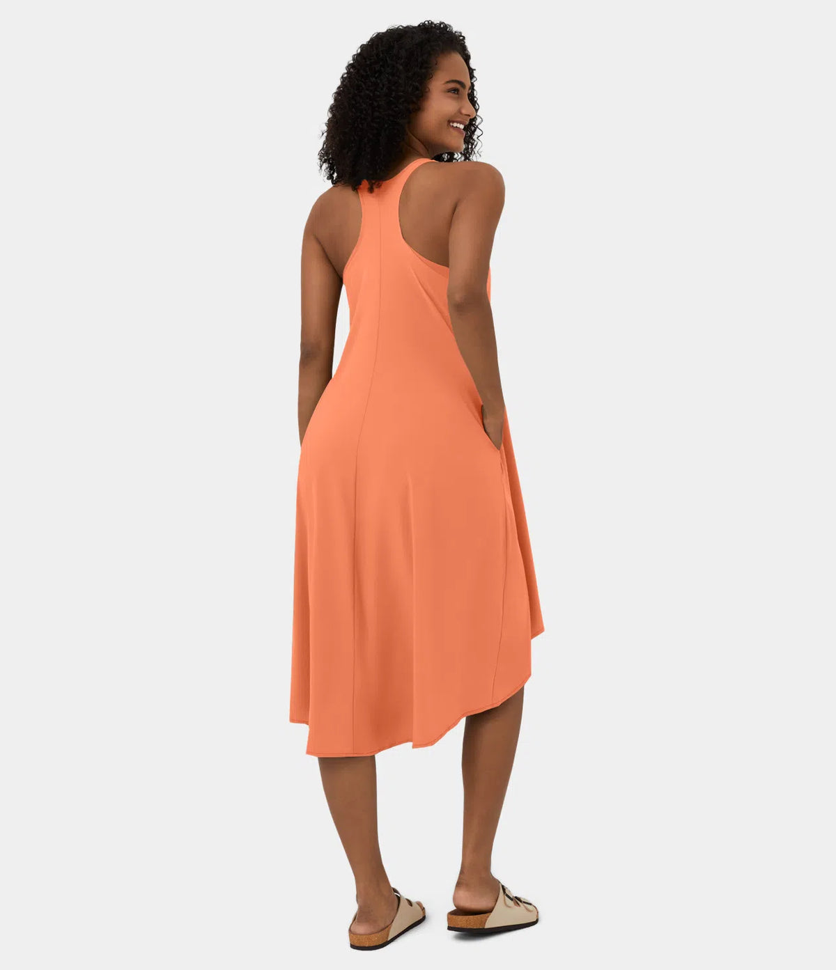 Midi Casual Dress With Backless Racerback And Side Pocket