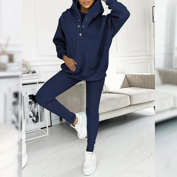 Casual Snap Buttoned Hoodie And Legging Three Piece Set