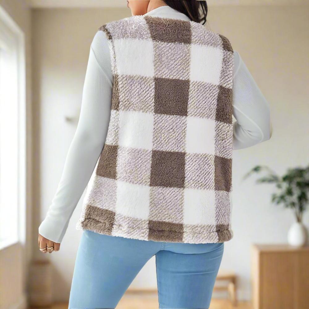 Plaid Sleeveless Open Front Jacket