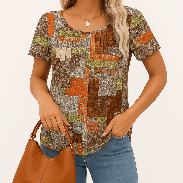 Casual Patchwork Printed T Shirt For Summer Short Sleeve Blouse