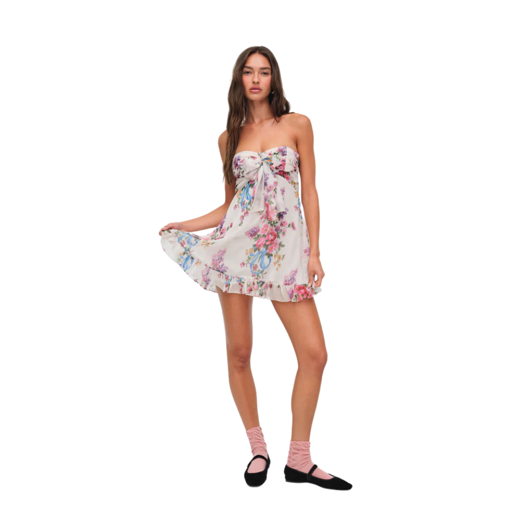 Floral Pattern Printed Strapless Mini Dress