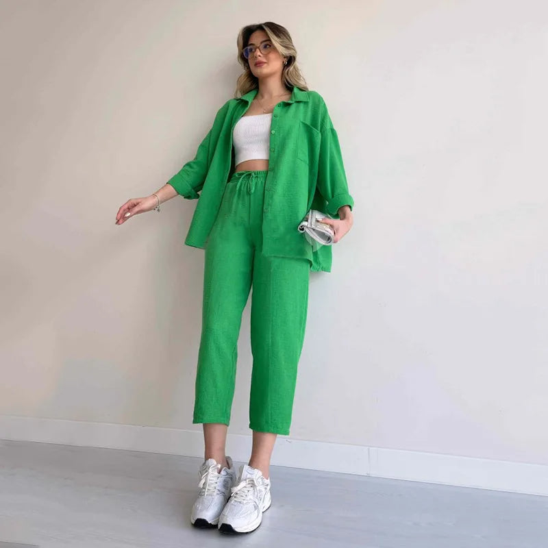 Solid Colored Long Sleeve Shirt And Trouser Co-Ord Set