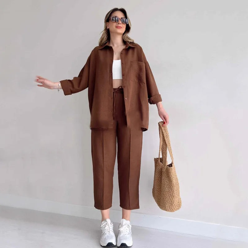Solid Colored Long Sleeve Shirt And Trouser Co-Ord Set