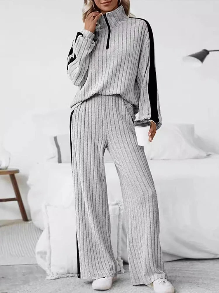 Knitted  Loose Fit Striped Patterned Tops And Pants Set