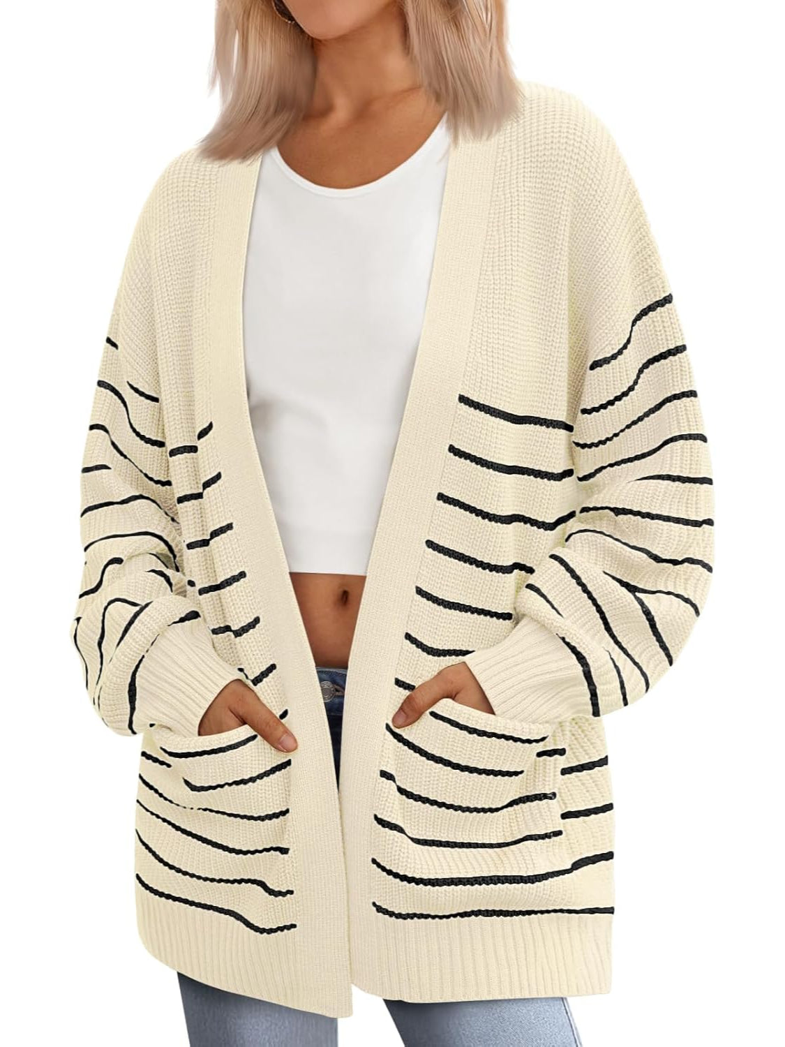 Oversized Striped Knit Cardigan With Pockets