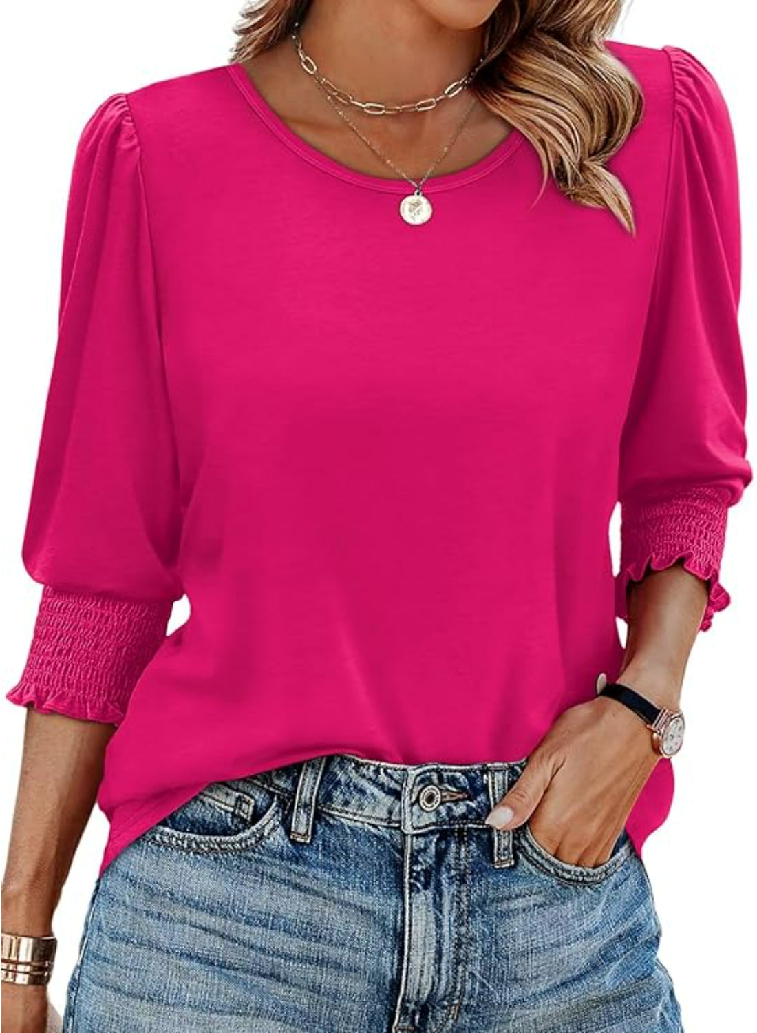 Blouses Women With 3 By 4 Sleeve Smocked Cuff Tops