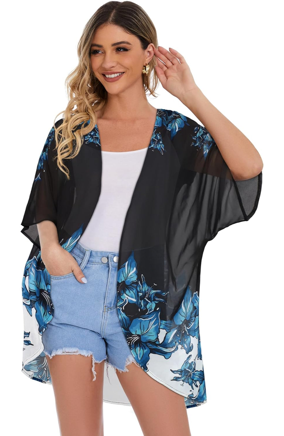 Floral Chiffon Puff Sleeve Kimono Cardigan