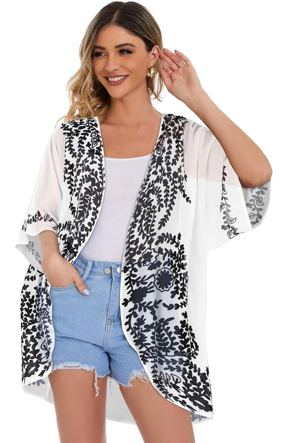 Floral Chiffon Puff Sleeve Kimono Cardigan