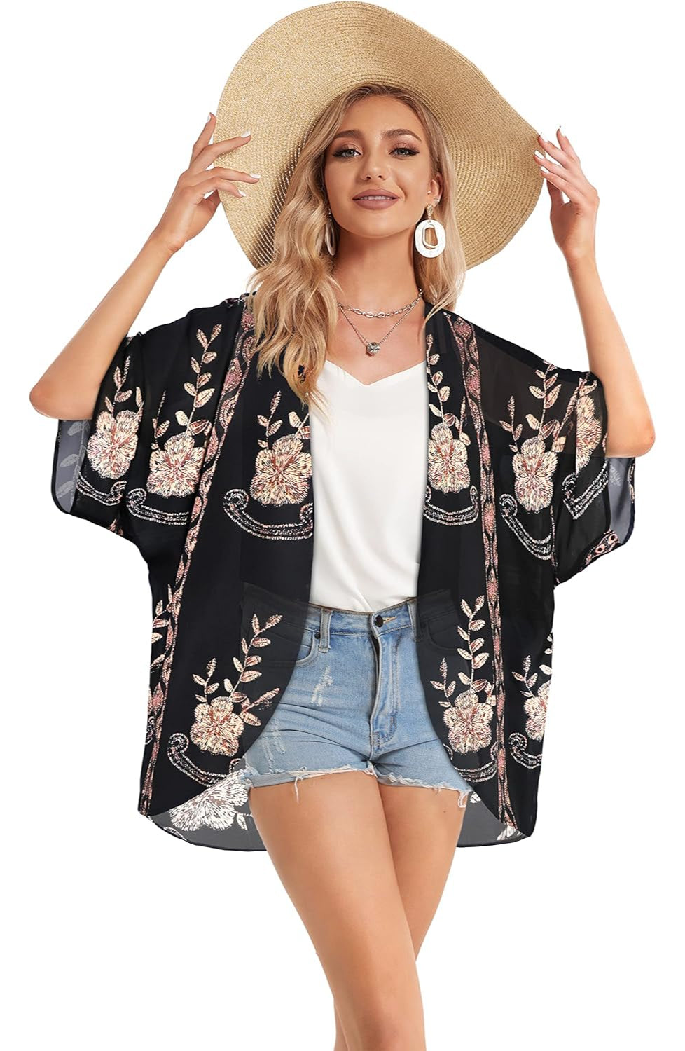 Floral Chiffon Puff Sleeve Kimono Cardigan