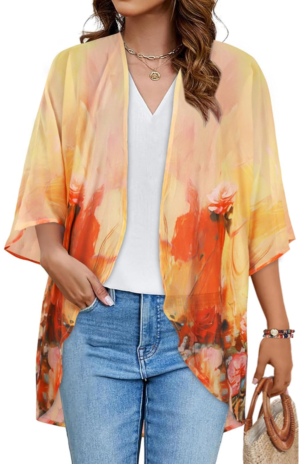 Floral Puff Sleeve Kimono Cardigan