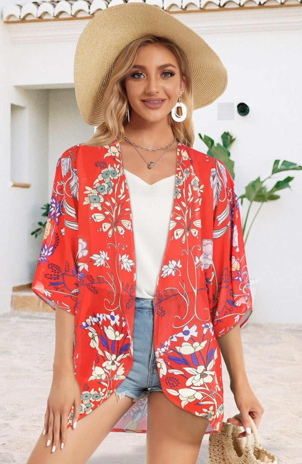 Floral Puff Sleeve Kimono Cardigan