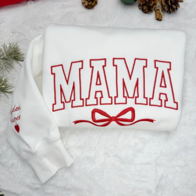 Mothers Day Personalized Mama Embroidered Sweatshirt With Bow Detail