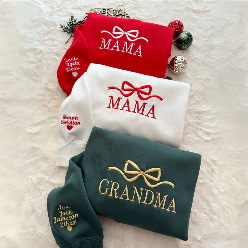 Mothers Day Personalized Mama Embroidered Sweatshirt With Bow Detail
