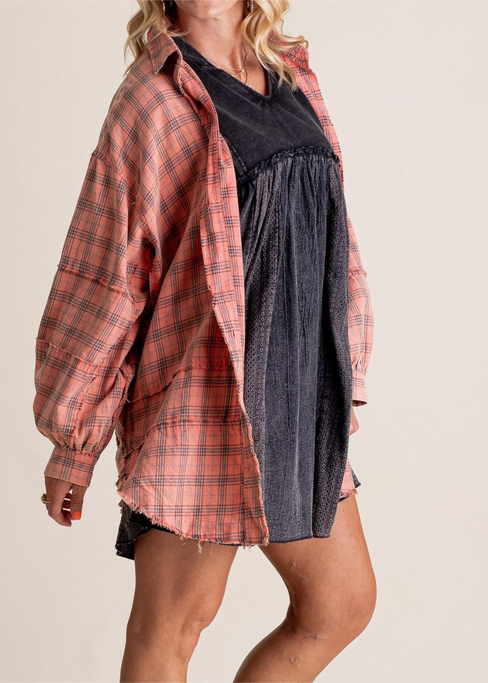 Raw Edge Oversized Washed Shirt Jacket With Pockets