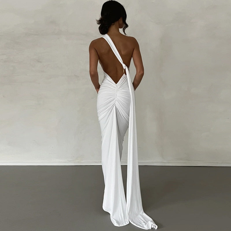 Oblique Shoulder Backless Maxi Dress