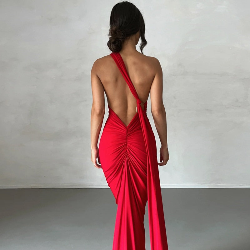 Oblique Shoulder Backless Maxi Dress