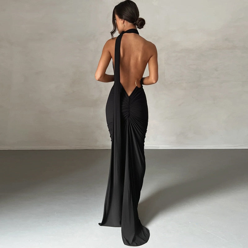 Oblique Shoulder Backless Maxi Dress