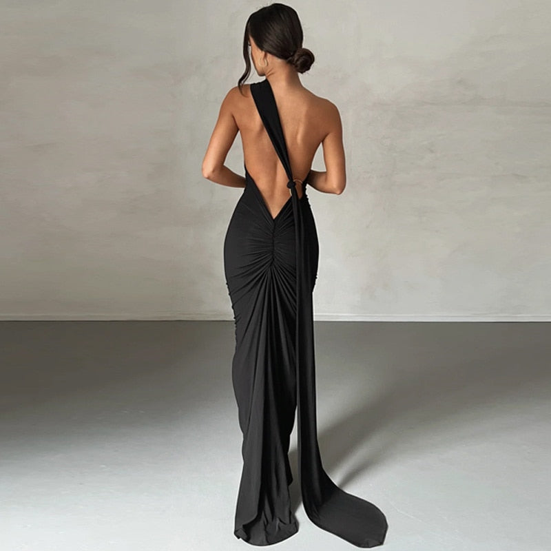 Oblique Shoulder Backless Maxi Dress