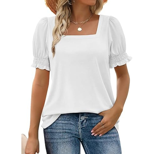 Square Ruffle Top With Trim Sleeve Top Short Puff Sleeve Tee