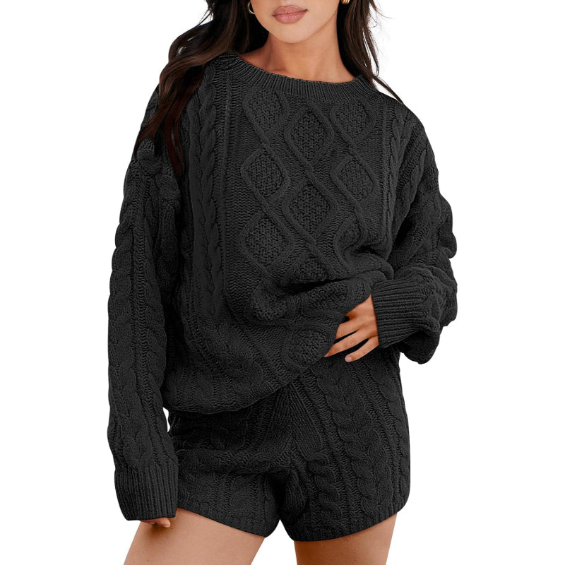 Textured Knit Two Piece Sweater And Shorts Set