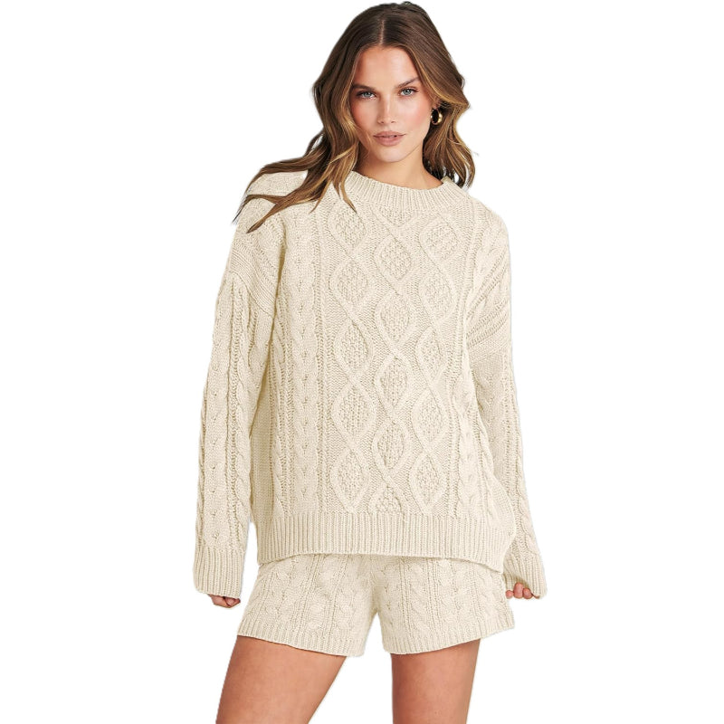 Textured Knit Two Piece Sweater And Shorts Set