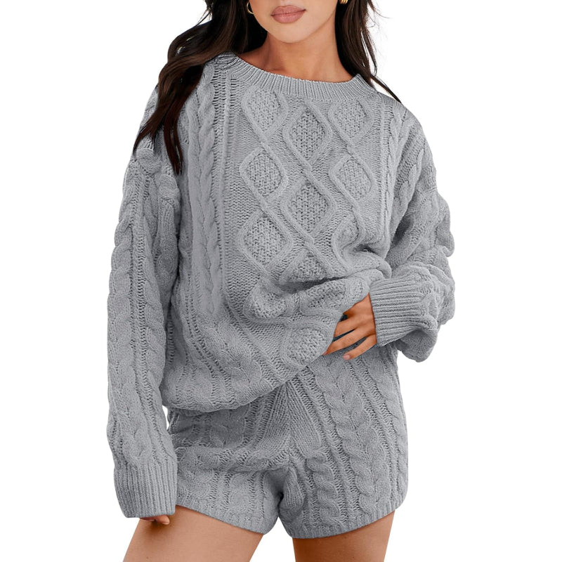 Textured Knit Two Piece Sweater And Shorts Set