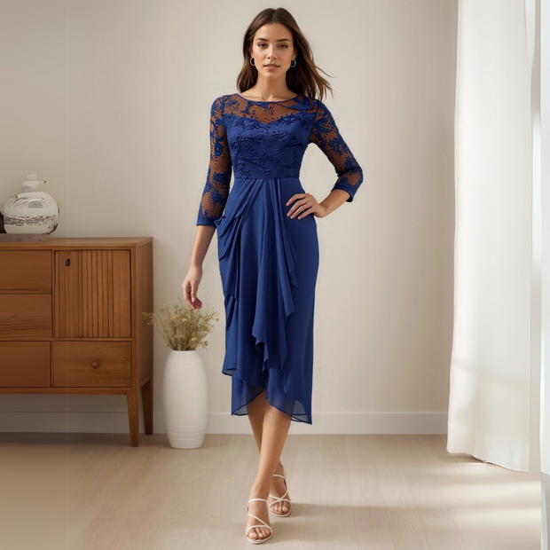 Half Sleeve Chiffon Lace Midi Party Dress