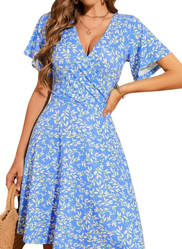 Floral Wrap Midi Dress With Short Sleeves And V Style Design