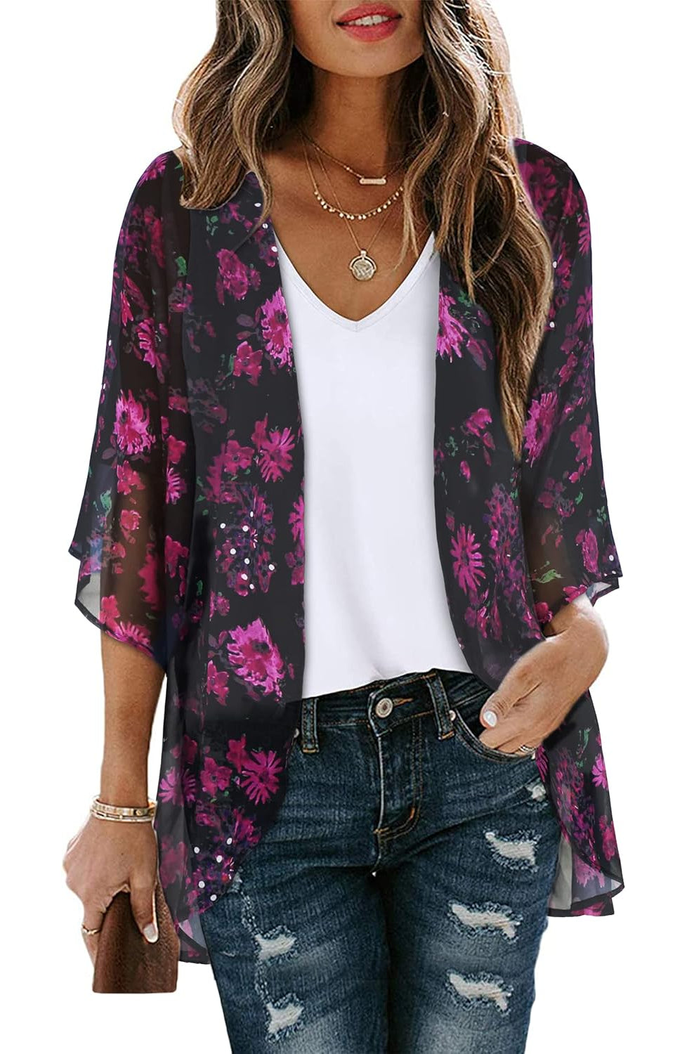 Women Floral Puff Sleeve Kimono Cardigan