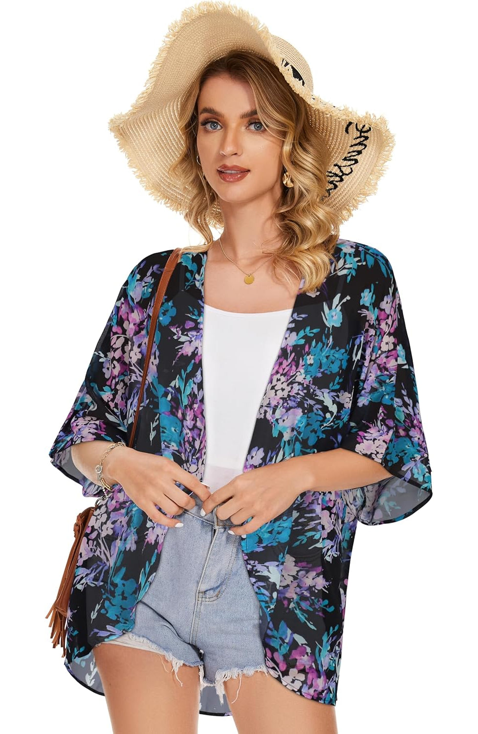 Women Floral Puff Sleeve Kimono Cardigan