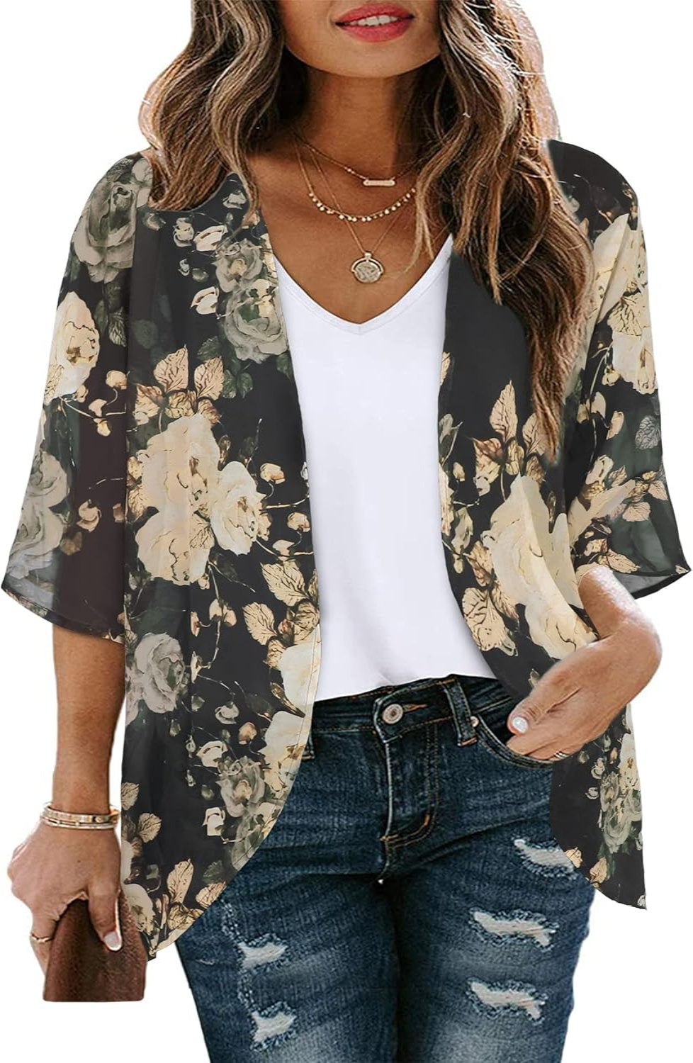 Women Floral Puff Sleeve Kimono Cardigan