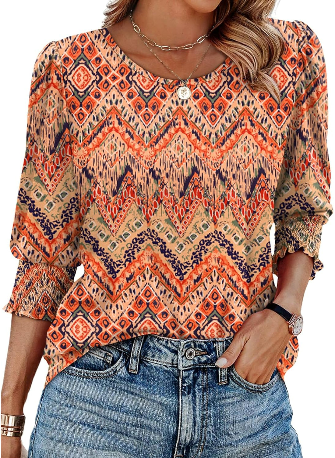 Blouses Women Dressy Casual With 3 By 4 Sleeve Printed Top