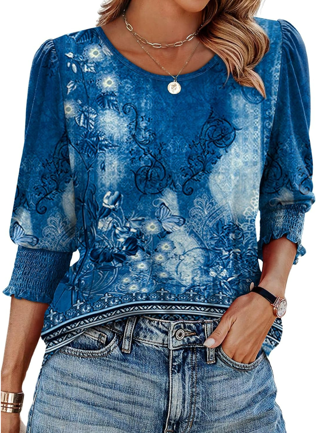 Blouses Women Dressy Casual With 3 By 4 Sleeve Printed Top