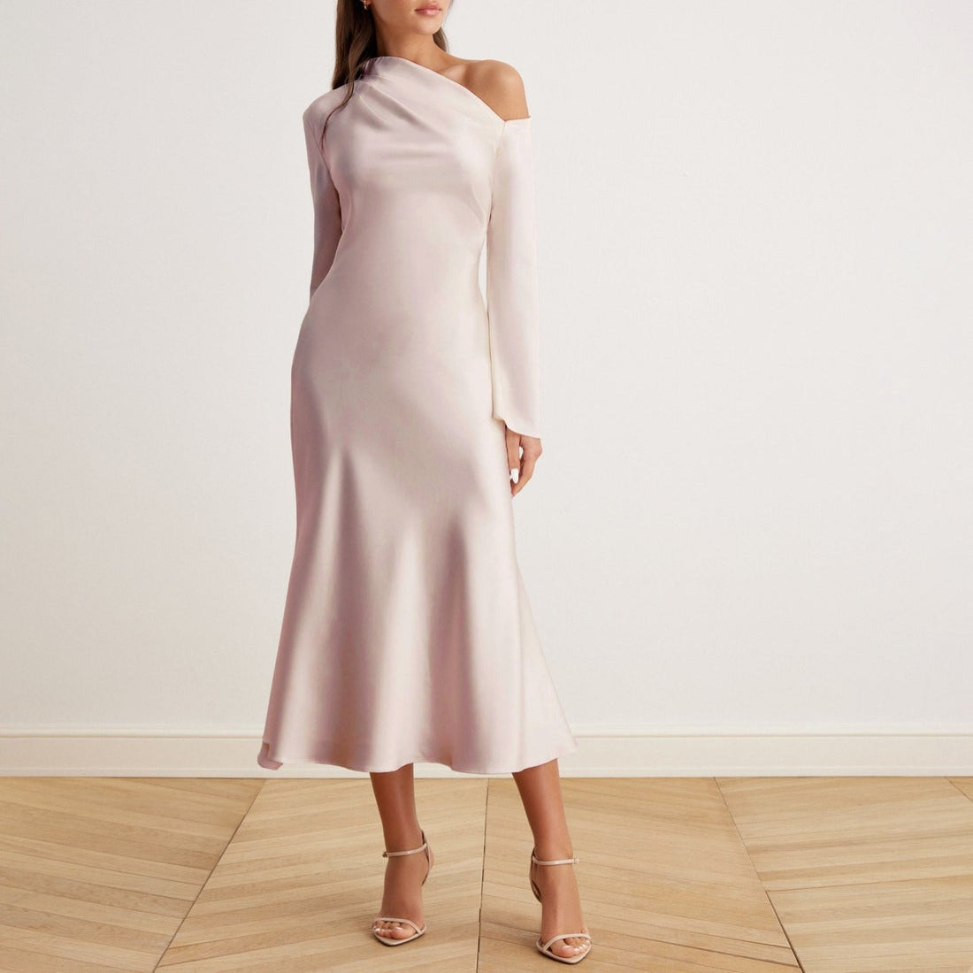 Elegant Bare Shoulder Satin Midi Dress