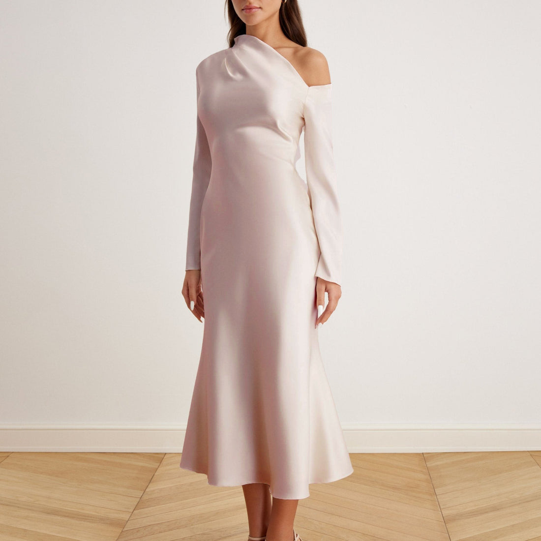 Elegant Bare Shoulder Satin Midi Dress