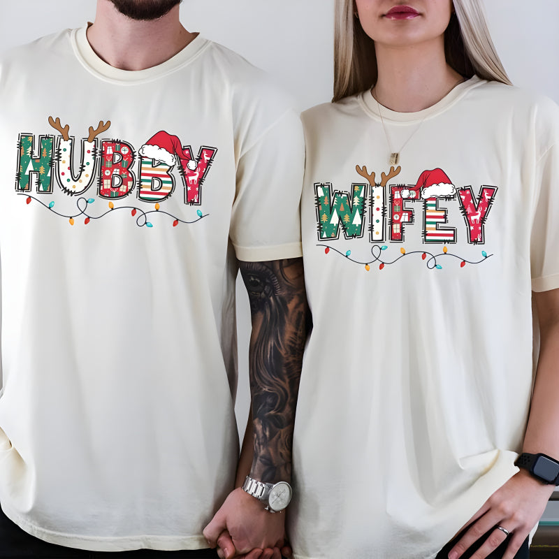 Festive Wife And Hubby Christmas T Shirt Set