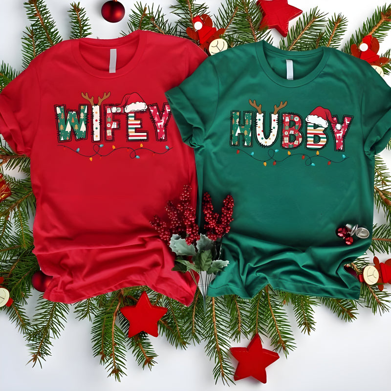 Festive Wife And Hubby Christmas T Shirt Set