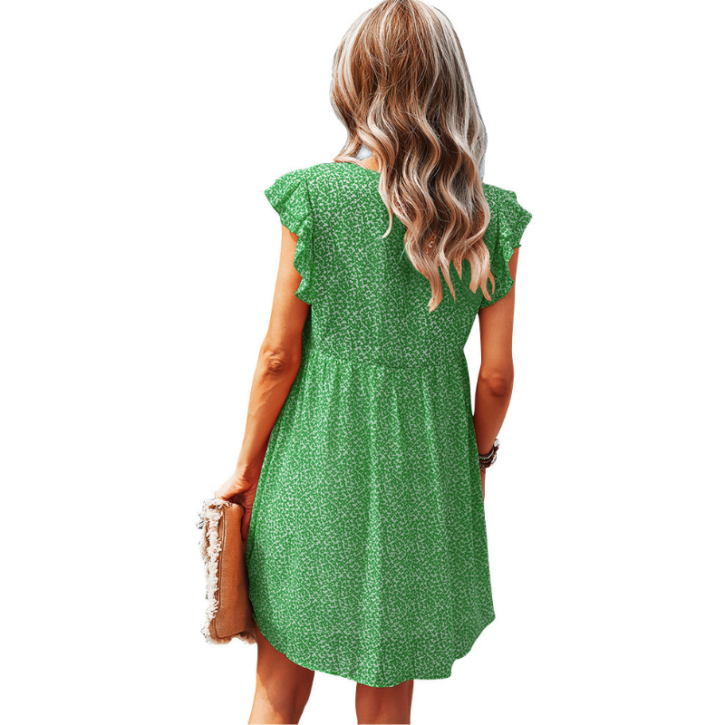 Frill Short Sleeves Knee Length Deep V-neck Casual Dress