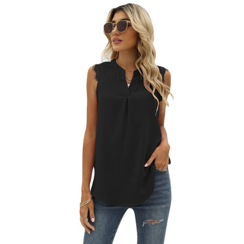 Lace Cap Sleeves V Neck Blouse