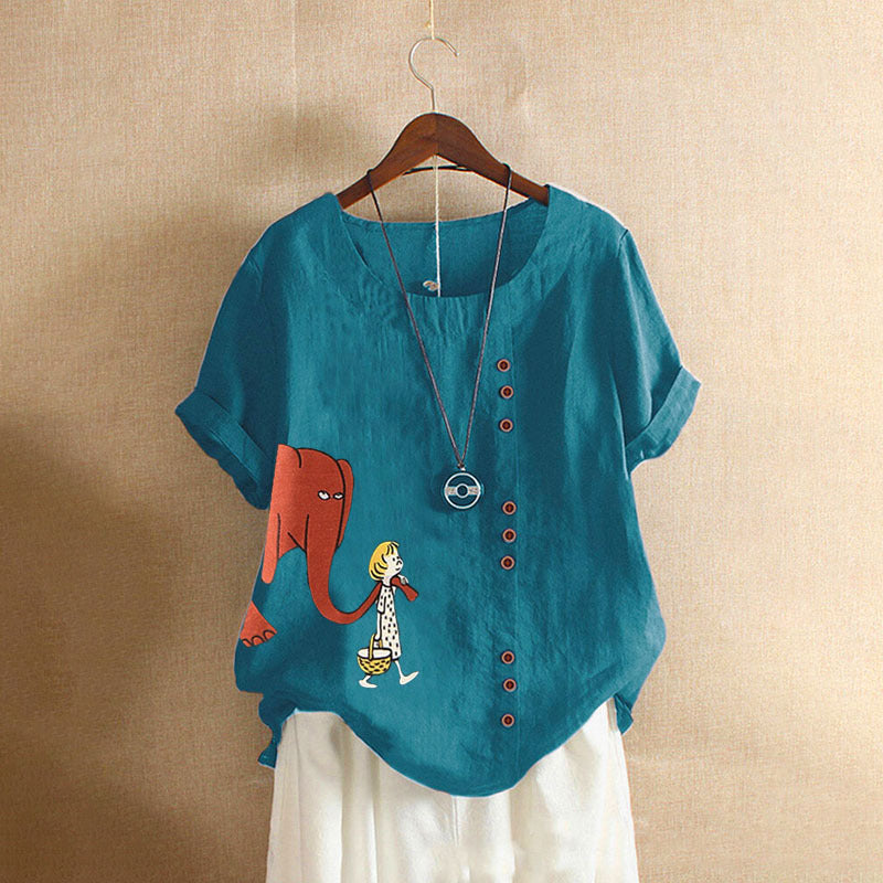 Cute Elephant And Girl Print Vintage Blouse