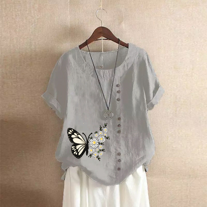 Butterfly Print Solid Color Short Sleeve Blouse