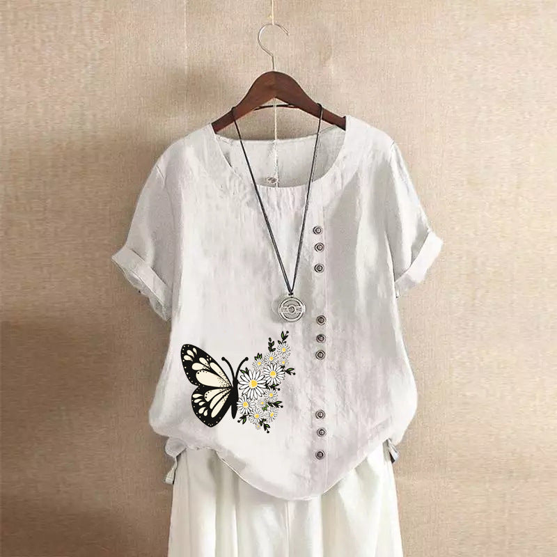 Butterfly Print Solid Color Short Sleeve Blouse