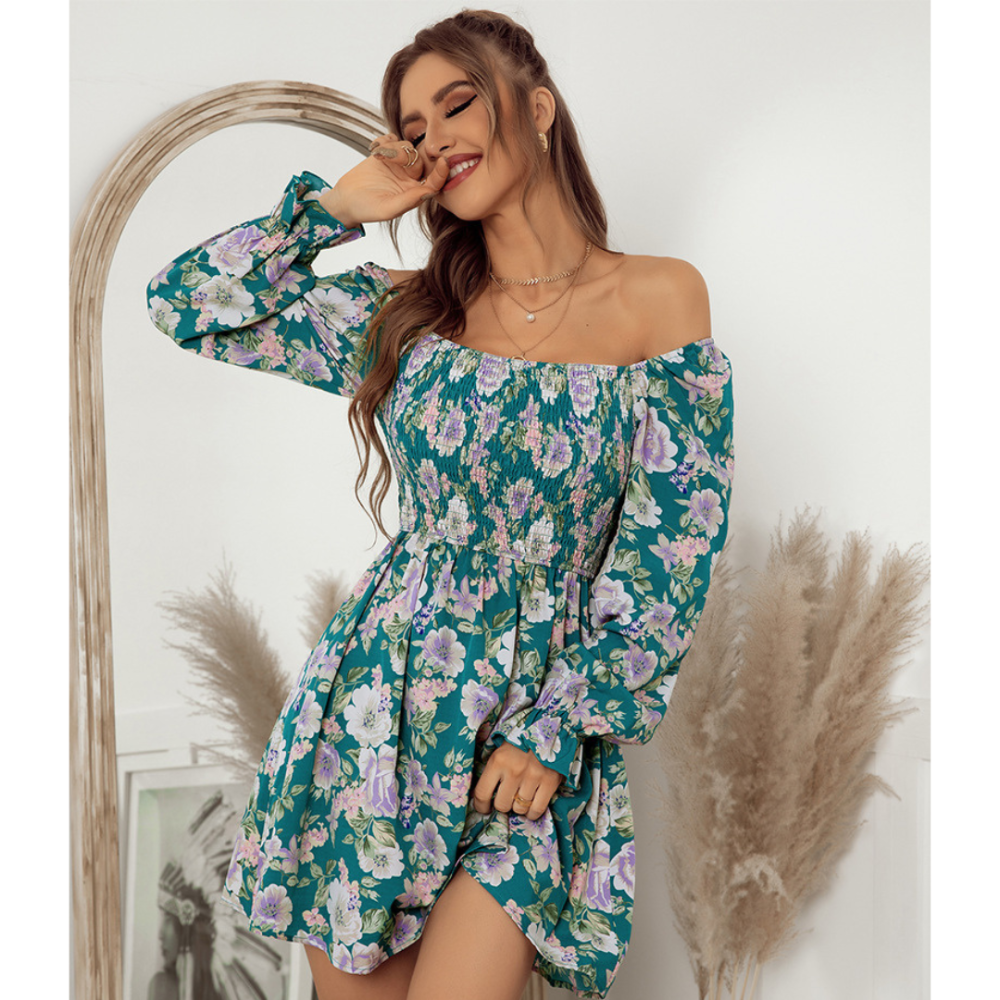 Floral Print Shirred Flounce Sleeve Dress