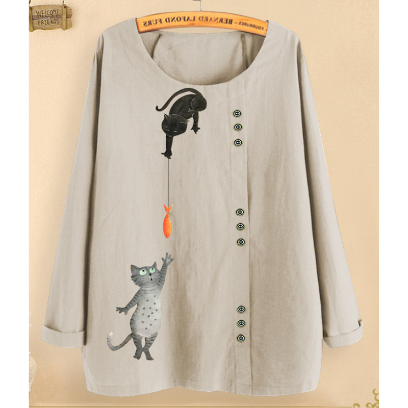 Cute Cat Print Full Sleeves Blouse