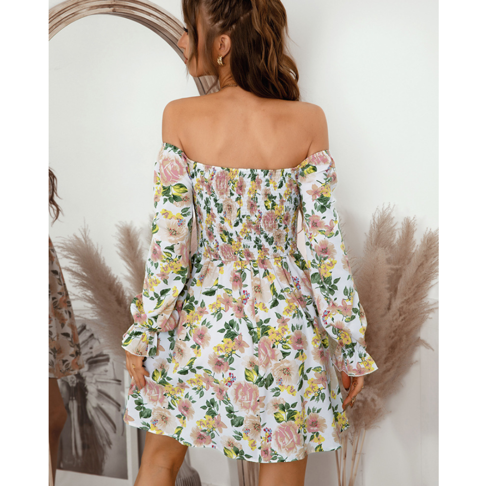 Floral Print Shirred Flounce Sleeve Dress