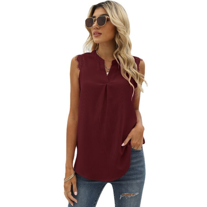 Lace Cap Sleeves V Neck Blouse